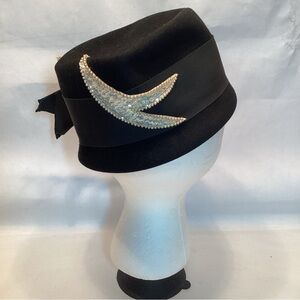 1940’s Evelyn Varon Hat Sequin & Pearl Black Wool Small Union Made READ!!